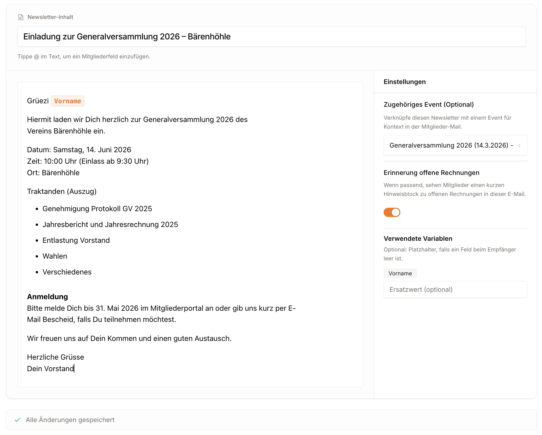 Newsletter-Editor in Membear mit Einladung zur Generalversammlung 2026