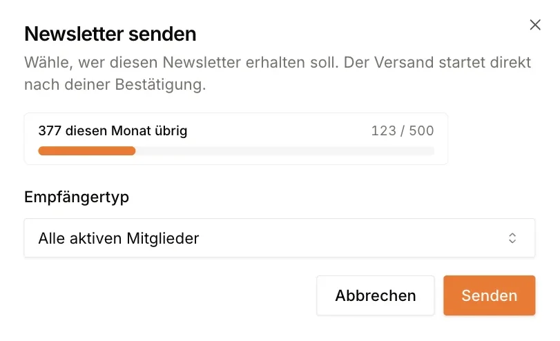 Newsletter zur Generalversammlung versenden: Empfängertyp und E-Mail-Kontingent