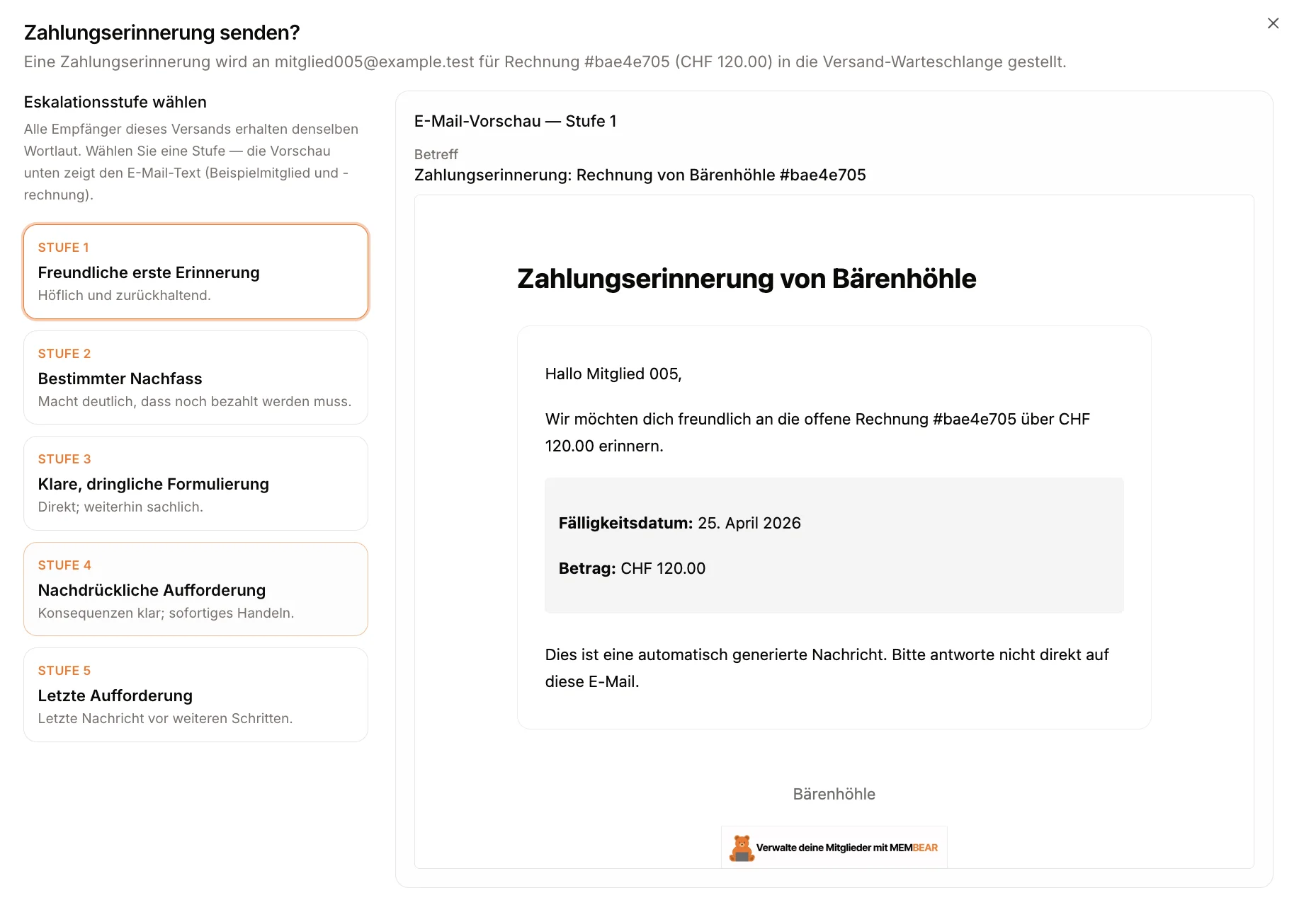 Zahlungserinnerung mit Eskalationsstufe und E-Mail-Vorschau