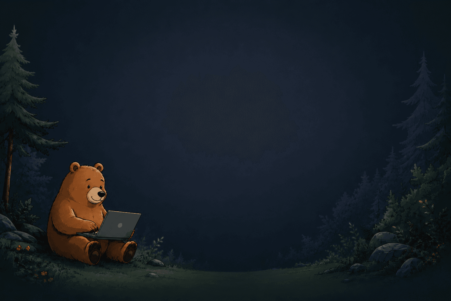 Illustration of a bear using a laptop in a Swiss mountain landscape, representing Membear