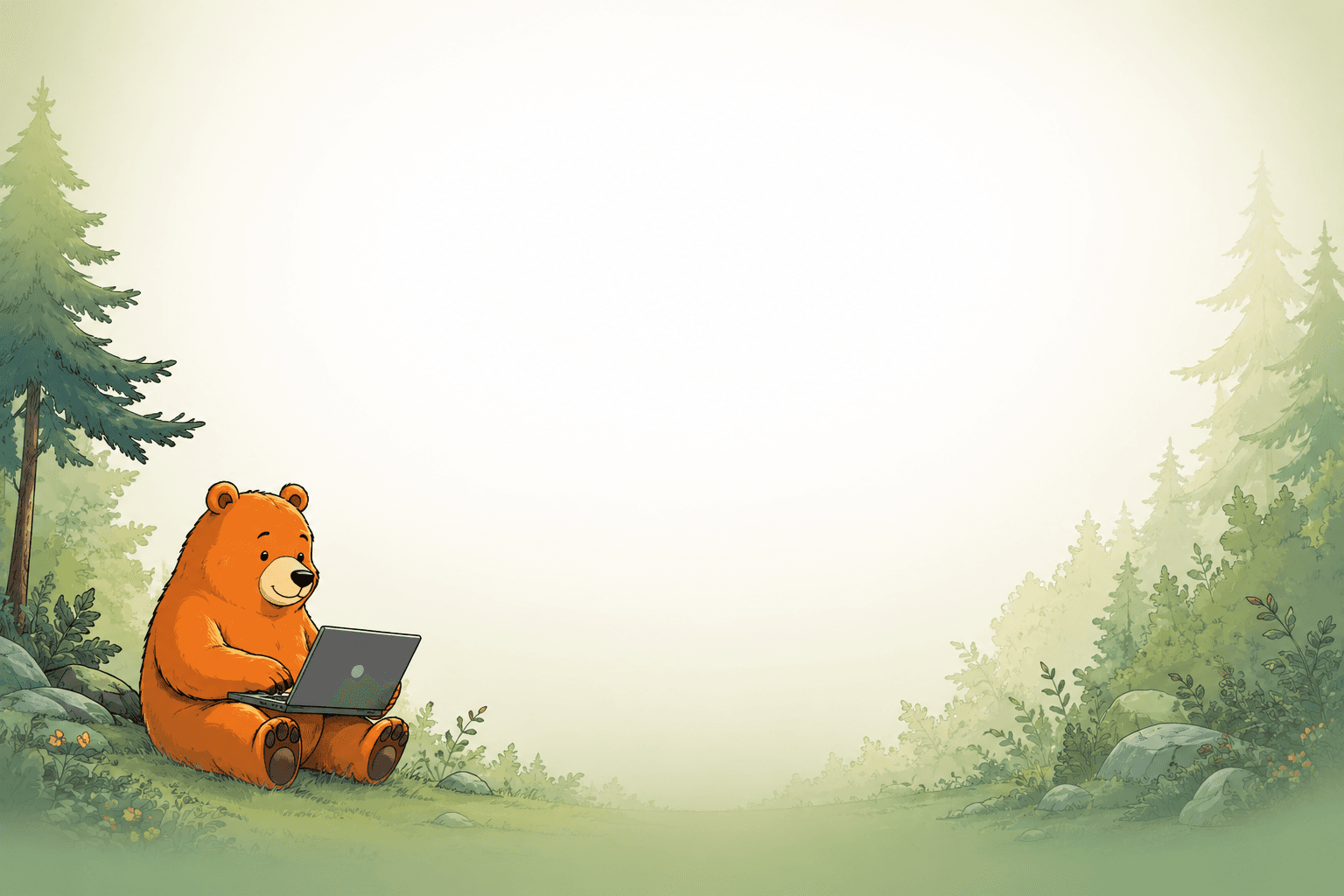 Illustration: Bär mit Laptop in Berglandschaft — Membear Vereinsverwaltung